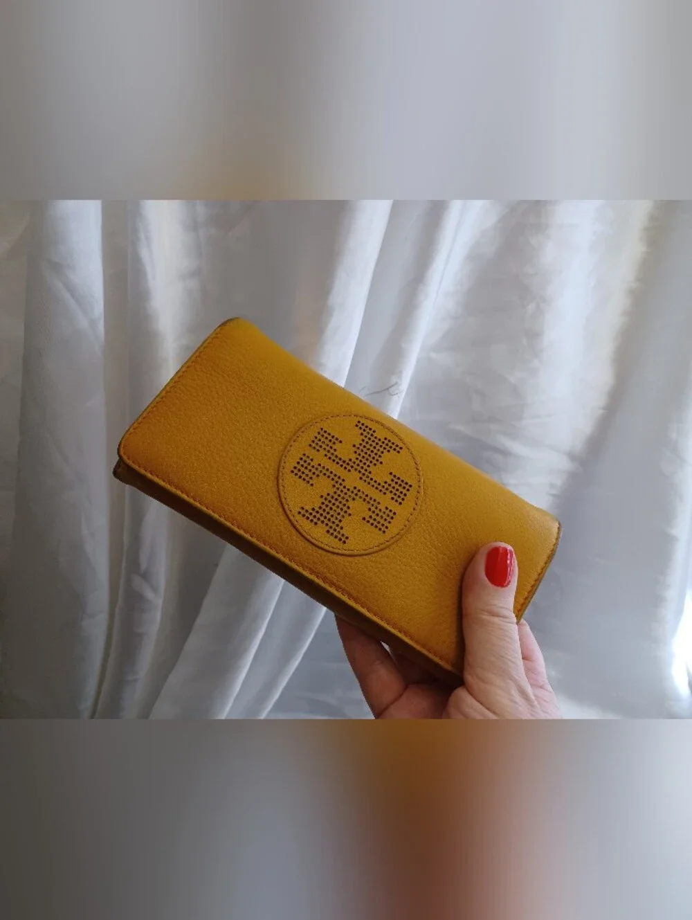 Tory Burch Marion Perforated Leather Zip Continental Wallet in a Mustard Yellow